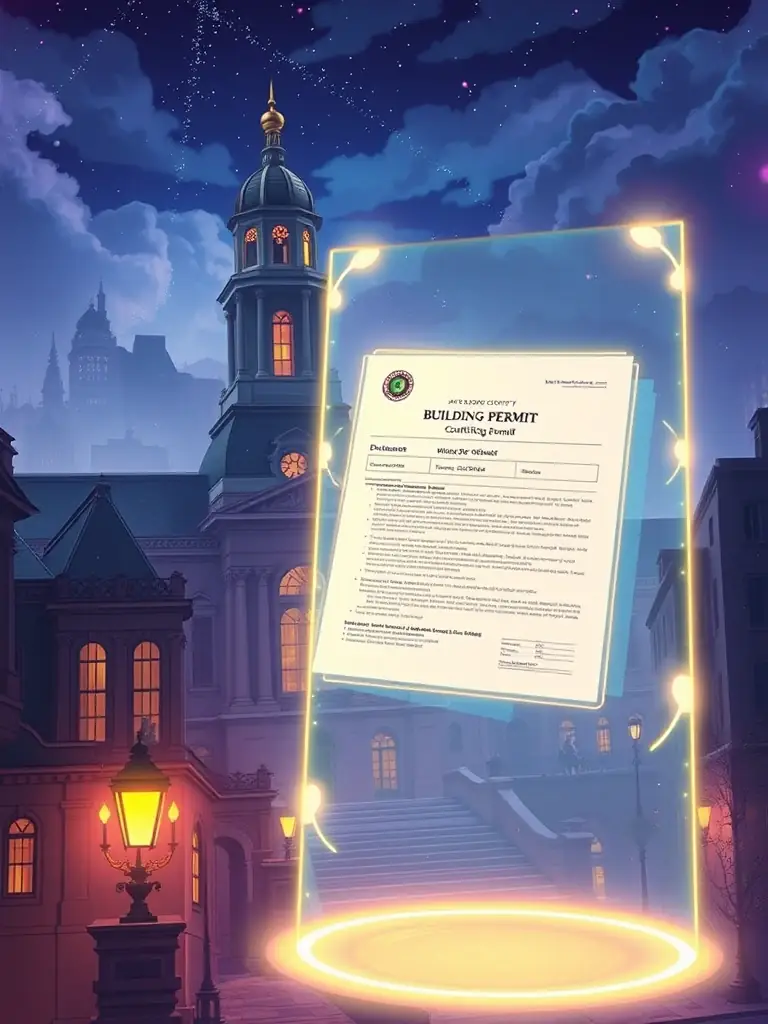 A digital illustration depicting an AI assistant generating a building permit document, with Boone County Courthouse in the background.