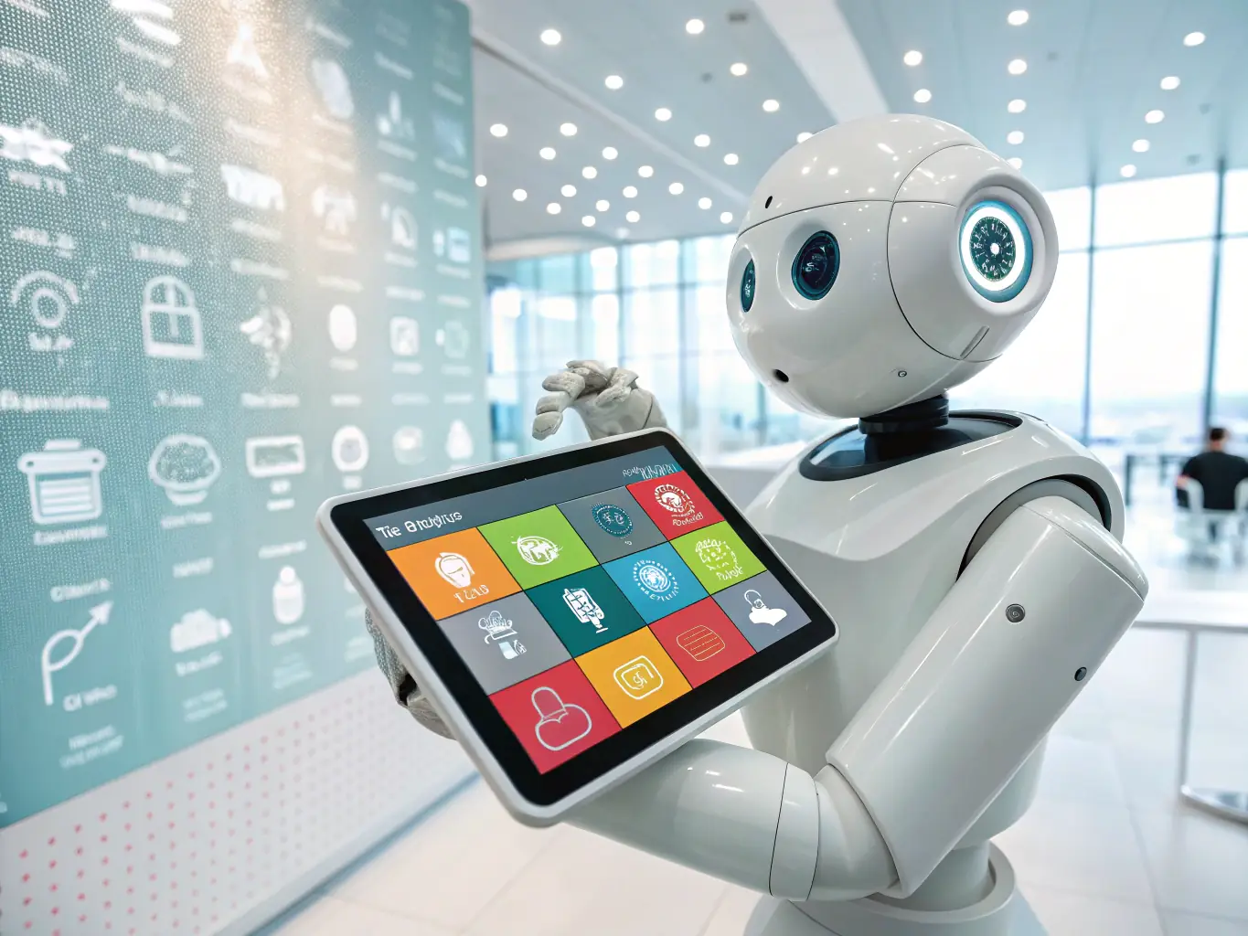 A digital illustration depicting an AI assistant guiding a user through filling out a permit application form on a tablet, with various icons representing document generation and data validation.